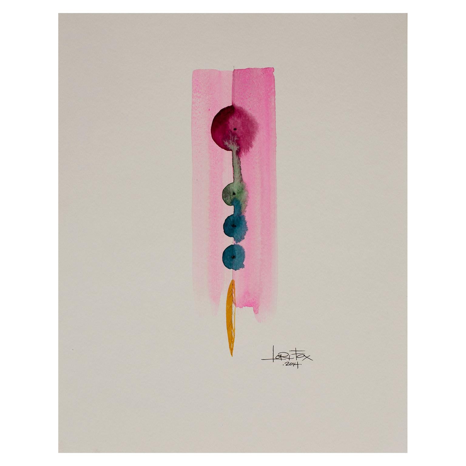 Totem 010 by Lori Fox. Abstract pink red blue black and yellow gold watercolour im Angebot 1