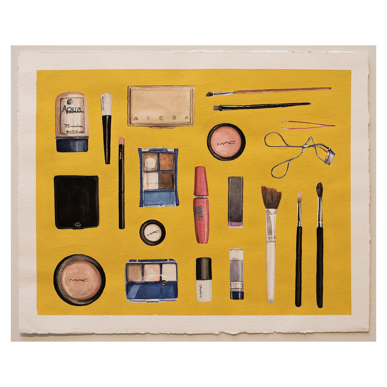 Every Beauty Product I Used Today 3 by Courtney Miles
Watercolor, acrylic and graphite on paper
16 x 20 inches Unframed
Representation of everyday objects.  Bright yellow background.

Courtney Miles’ artwork observes all of us through the lens of