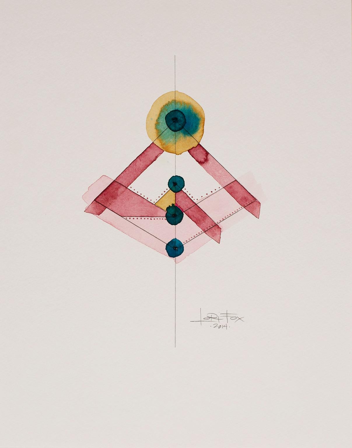 Totem 3.002, 2014 by Lori Fox
Watercolor and graphite on paper. 
14 x 11 inch unframed.  
Framed size is 15.25 x 12.25 x 1.75 inch (ask about framed price)
Red, pink, yellow gold, blue and teal colors make this original from the Totem series by Lori