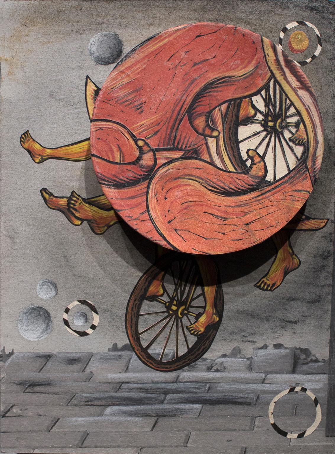 Try Not to Fall, Just Go II. Surrealism with a spinning wheel by Courtney Googe – Print von Courtney Nicole Googe
