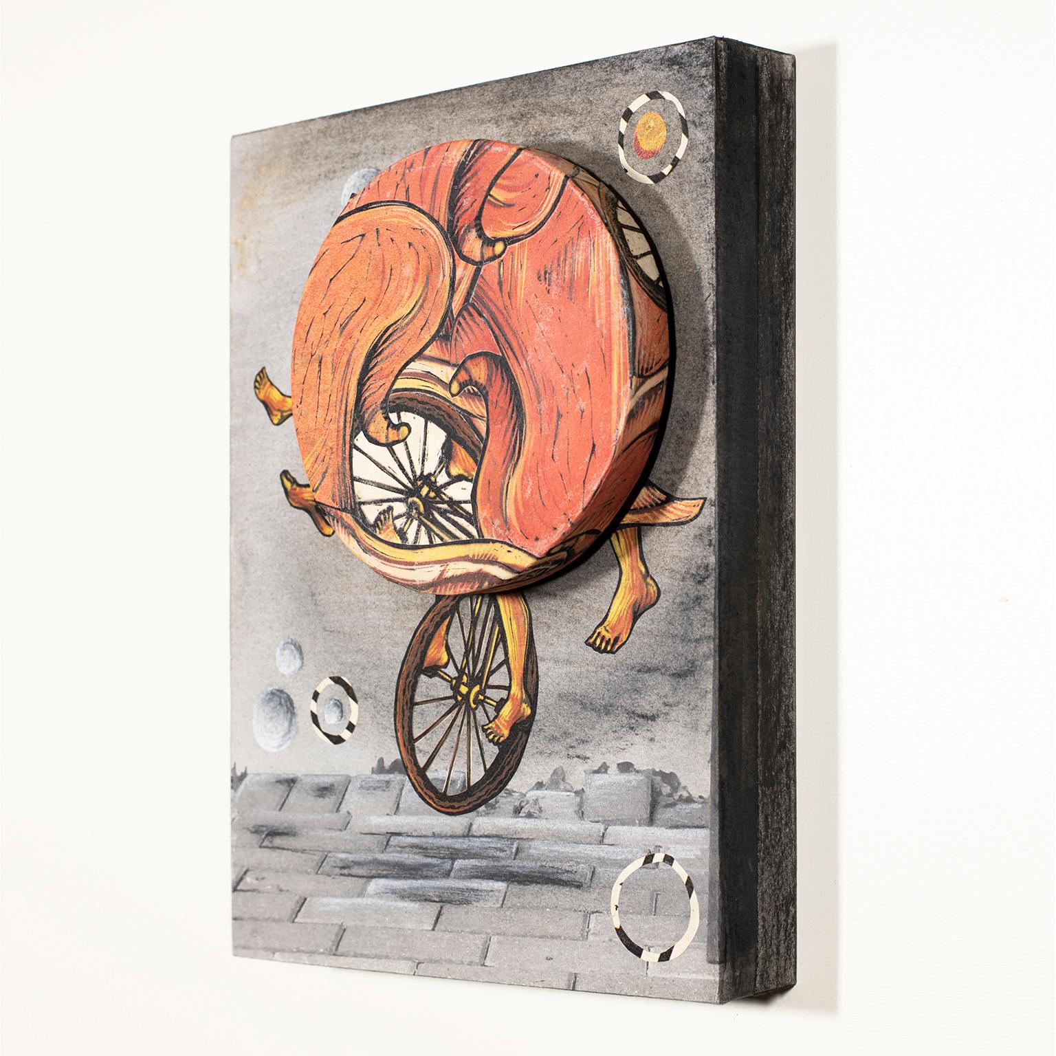Try Not to Fall, Just Go II, by Courtney Nicole Googe, 2018
Oil-based ink, inkjet, charcoal, Lokta paper, Masa paper, bookboard, glue, plastic, metal, ball-bearings, wood panel
9 x 12.25 x 2.75 inch. Original.

Courtney Nicole's Spin showcases a