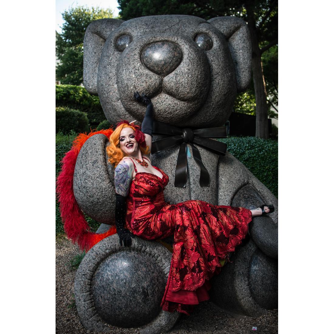 Vivienne by Can Turkyilmaz. Bright red dress posing on a teddy bear sculpture For Sale 3