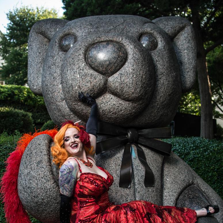 Vivienne by Can Turkyilmaz. Bright red dress posing on a teddy bear sculpture For Sale 2