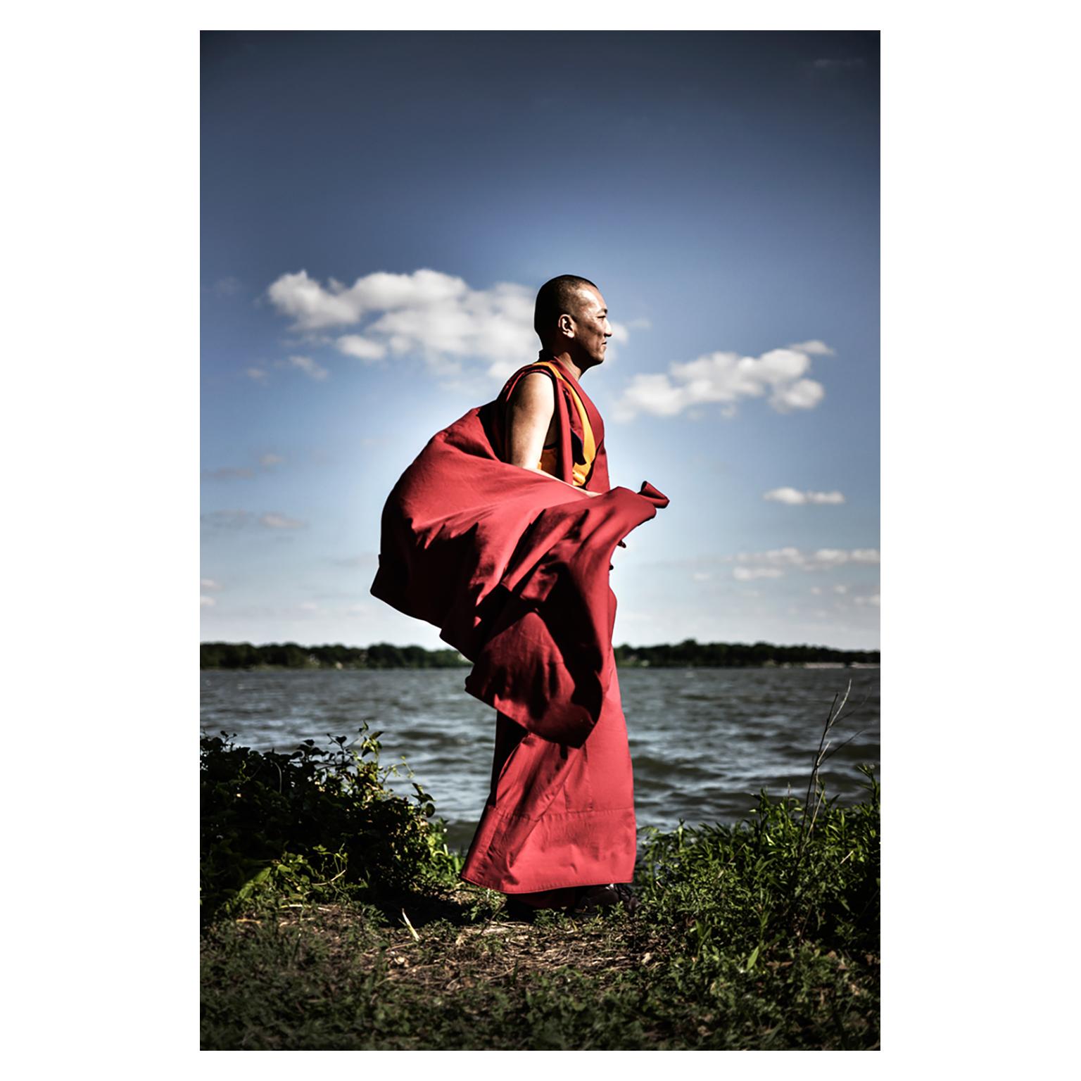 Precious by Can Turkyilmaz. Photograph Monk in red by lake For Sale 2