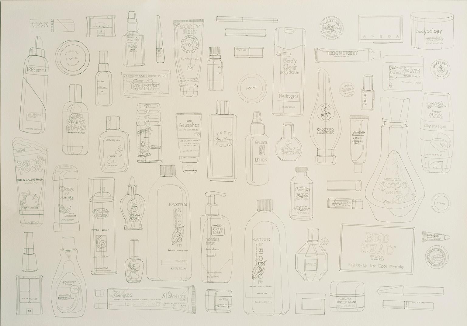 Every Beauty Product I Used Today 1 by Courtney Miles
Graphite on watercolor paper
24 x 36 inches Unframed
Representation of everyday objects.  Black and white

For this series Courtney sketched all the beauty products that she used in one day.