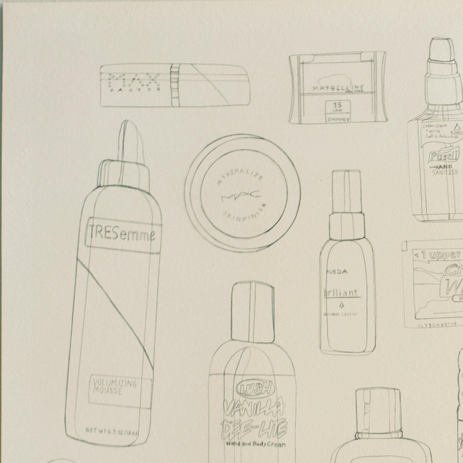 Every Beauty Product I Used Today 1 by Courtney Miles. Graphite on paper. Study For Sale 1