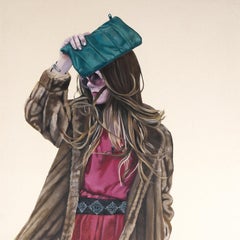 Courtney Walking - Green Purse. Cool Realism Contemporary portrait oil painting