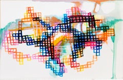 peaks by Erin McAllister. Abstract colored ink squares. Blue, pink, and yellow