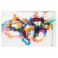 peaks by Erin McAllister. Abstract colored ink squares. Blue, pink, and yellow