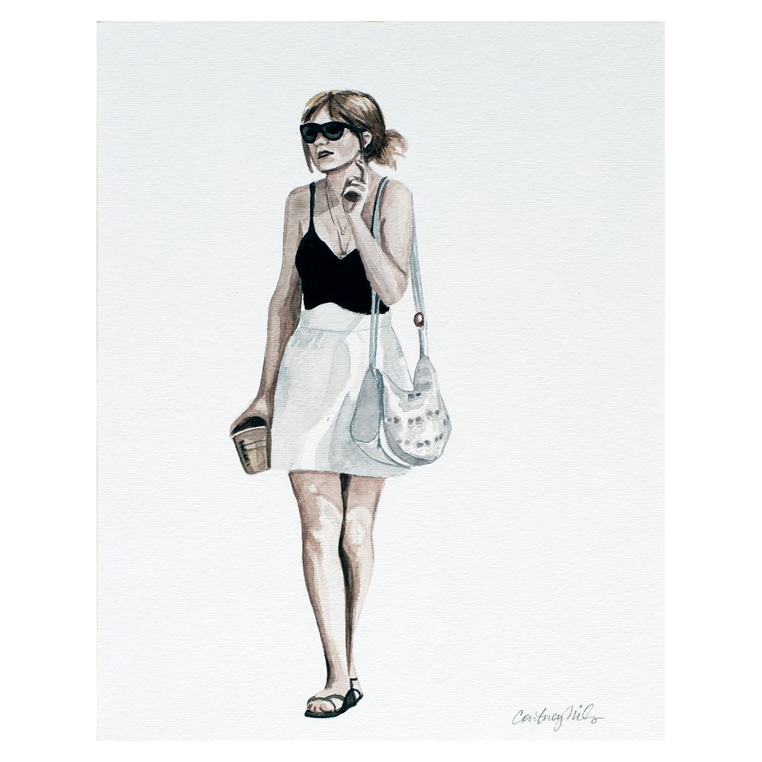Courtney Incognito 018 by Courtney Miles, 2008. 
Original gouache and graphite on paper. 
11 x 8 inches Unframed
Fashion Illustration/painting. Blonde wearing black tank and white skirt with white purse.

Courtney Miles originally did 100 works for