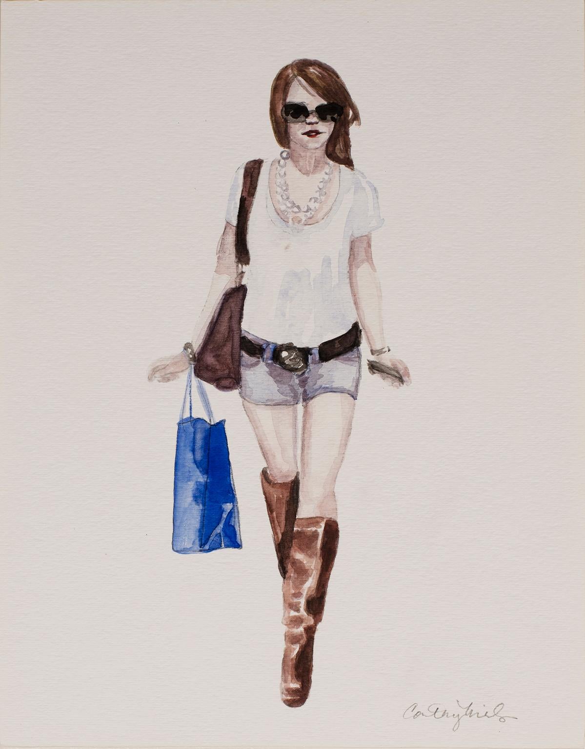 Courtney Incognito 020, Realist painting on paper. Redhead, brown, blue, white - Art by Courtney Miles