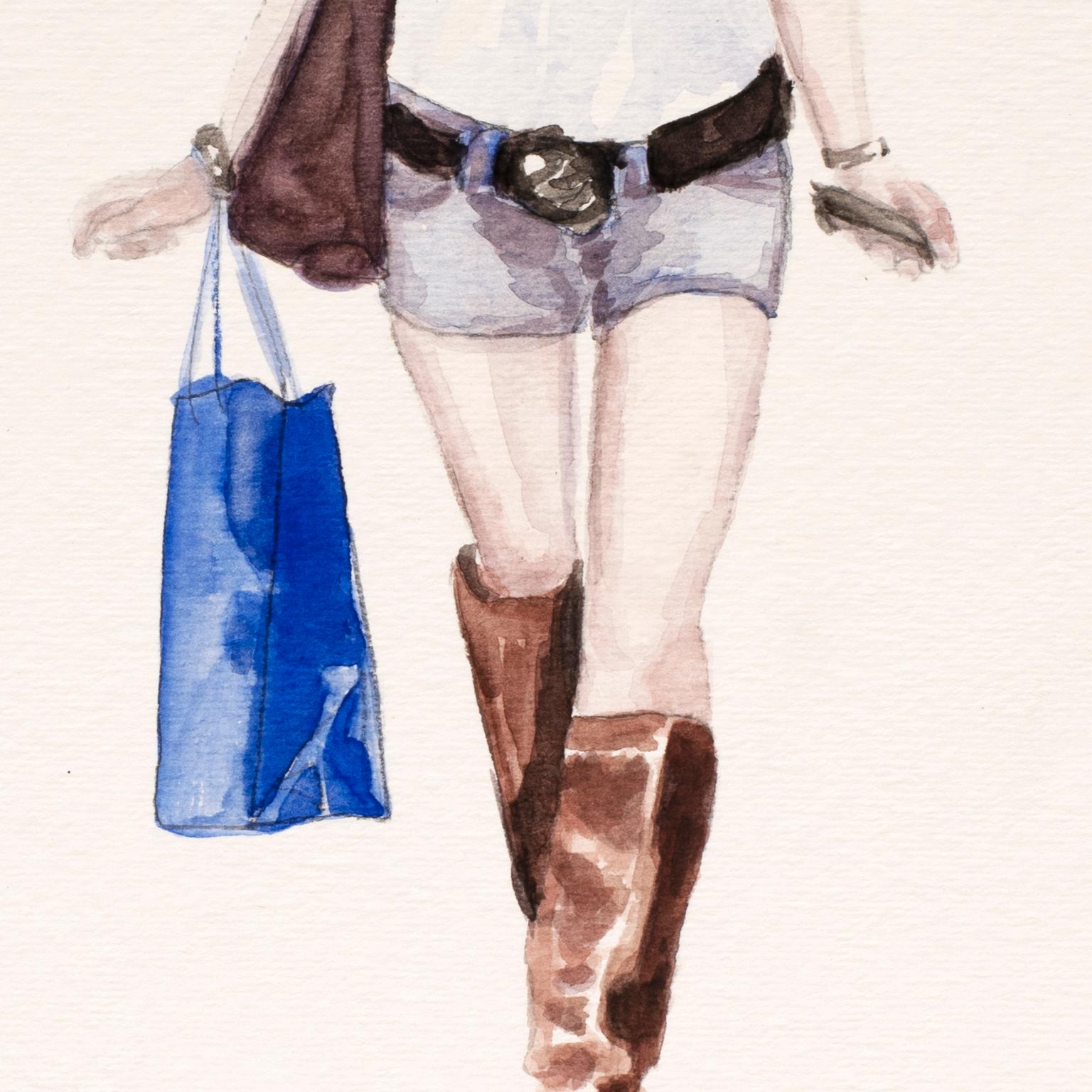 Courtney Incognito 020, Realist painting on paper. Redhead, brown, blue, white For Sale 1
