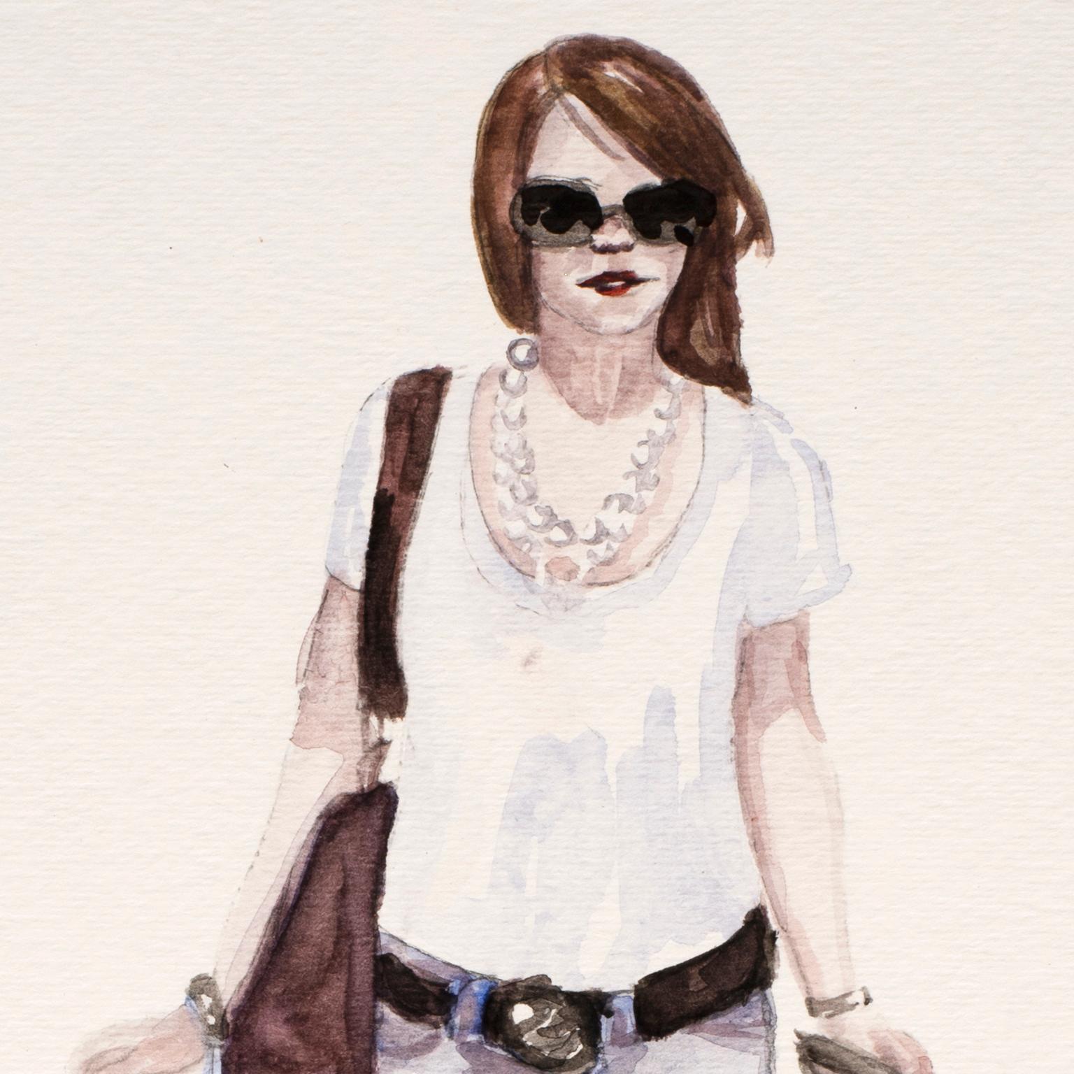 Courtney Incognito 020 by Courtney Miles, 2008. 
Original gouache and graphite on paper. 
11 x 8 inches Unframed
Redhead with brown knee high boots and a blue shopping bag

Courtney Miles originally did 100 works for the Courtney Incognito series in