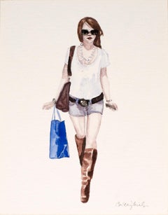 Courtney Incognito 020, Realist painting on paper. Redhead, brown, blue, white