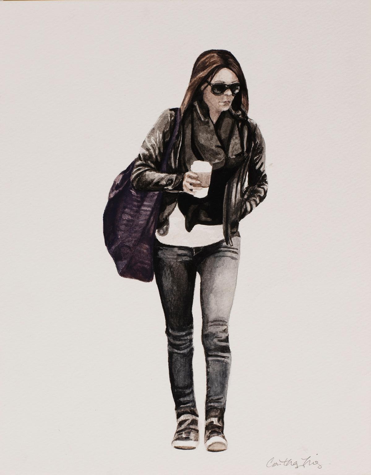 Courtney Miles Figurative Art - Courtney Incognito 029, Realist painting on paper. Brunette with black jacket