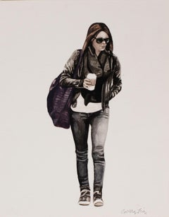 Courtney Incognito 029, Realist painting on paper. Brunette with black jacket