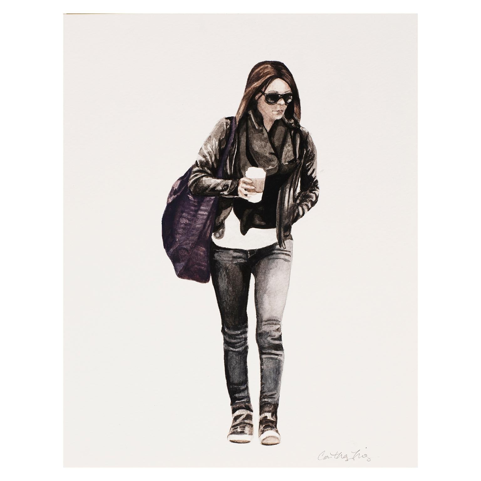 Courtney Incognito 029 by Courtney Miles, 2008. 
Original gouache and graphite on paper. 
11 x 8 inches Unframed
Brunette with black jacket, black purse and blue jeans

Courtney Miles originally did 100 works for the Courtney Incognito series in