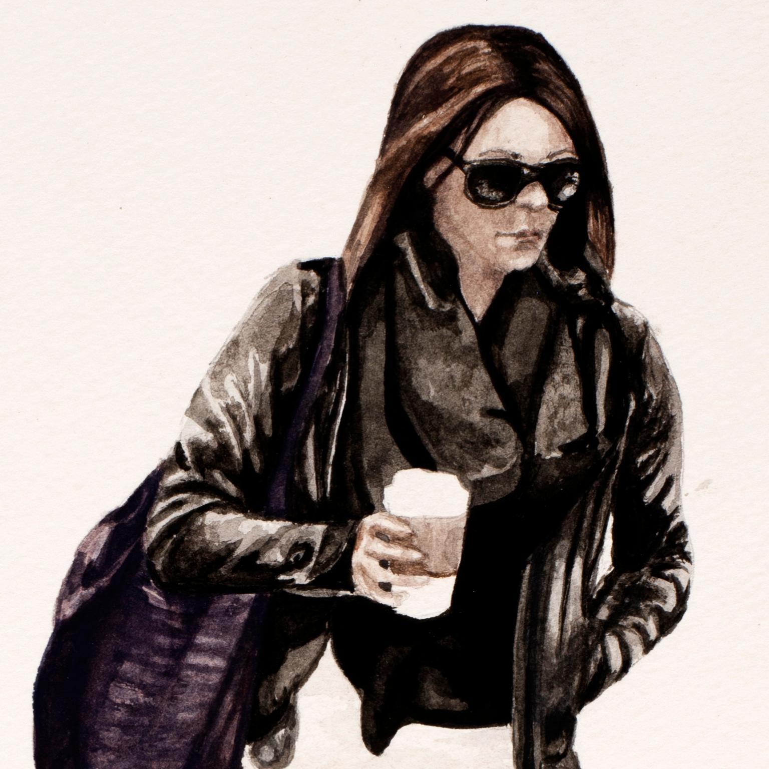 Courtney Incognito 029, Realist painting on paper. Brunette with black jacket For Sale 1