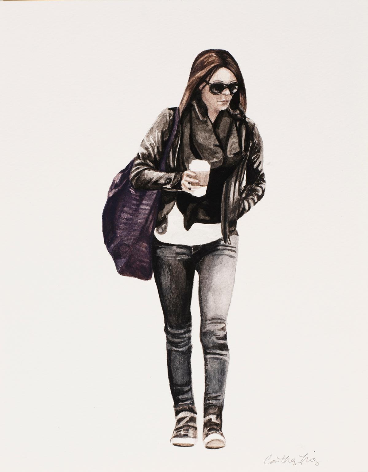 Courtney Incognito 029, Realist painting on paper. Brunette with black jacket - Black Figurative Art by Courtney Miles