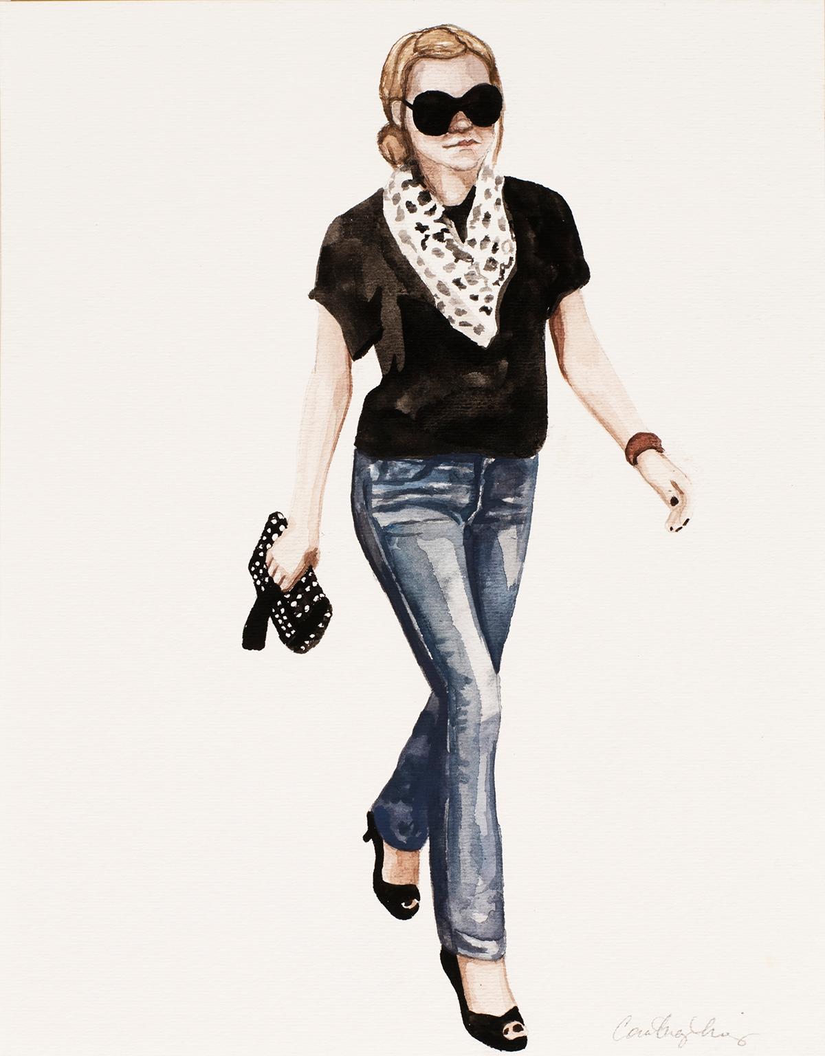 Courtney Miles Figurative Art - Courtney Incognito 026, Realist fashion painting black top and jeans on paper 