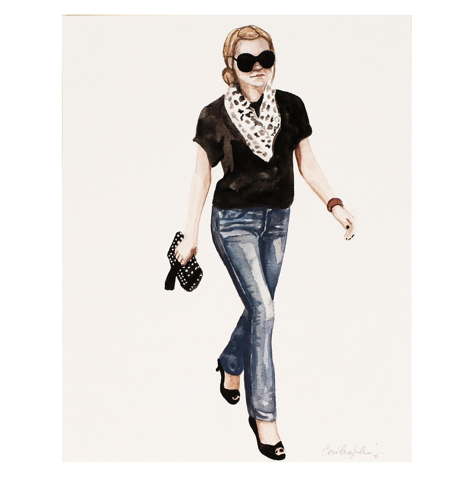 Courtney Incognito 026, Realist fashion painting black top and jeans on paper  - Art by Courtney Miles