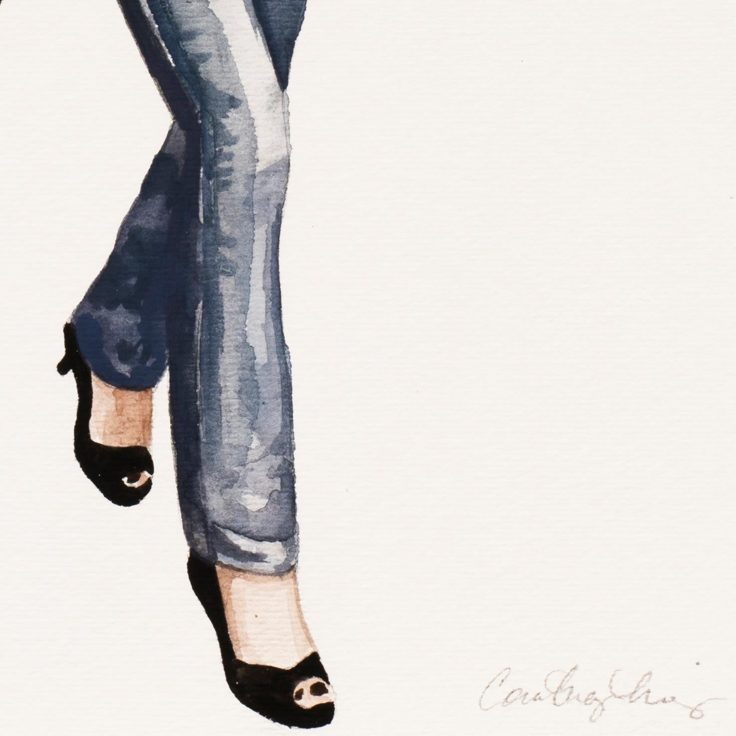 Courtney Incognito 026, Realist fashion painting black top and jeans on paper  For Sale 1