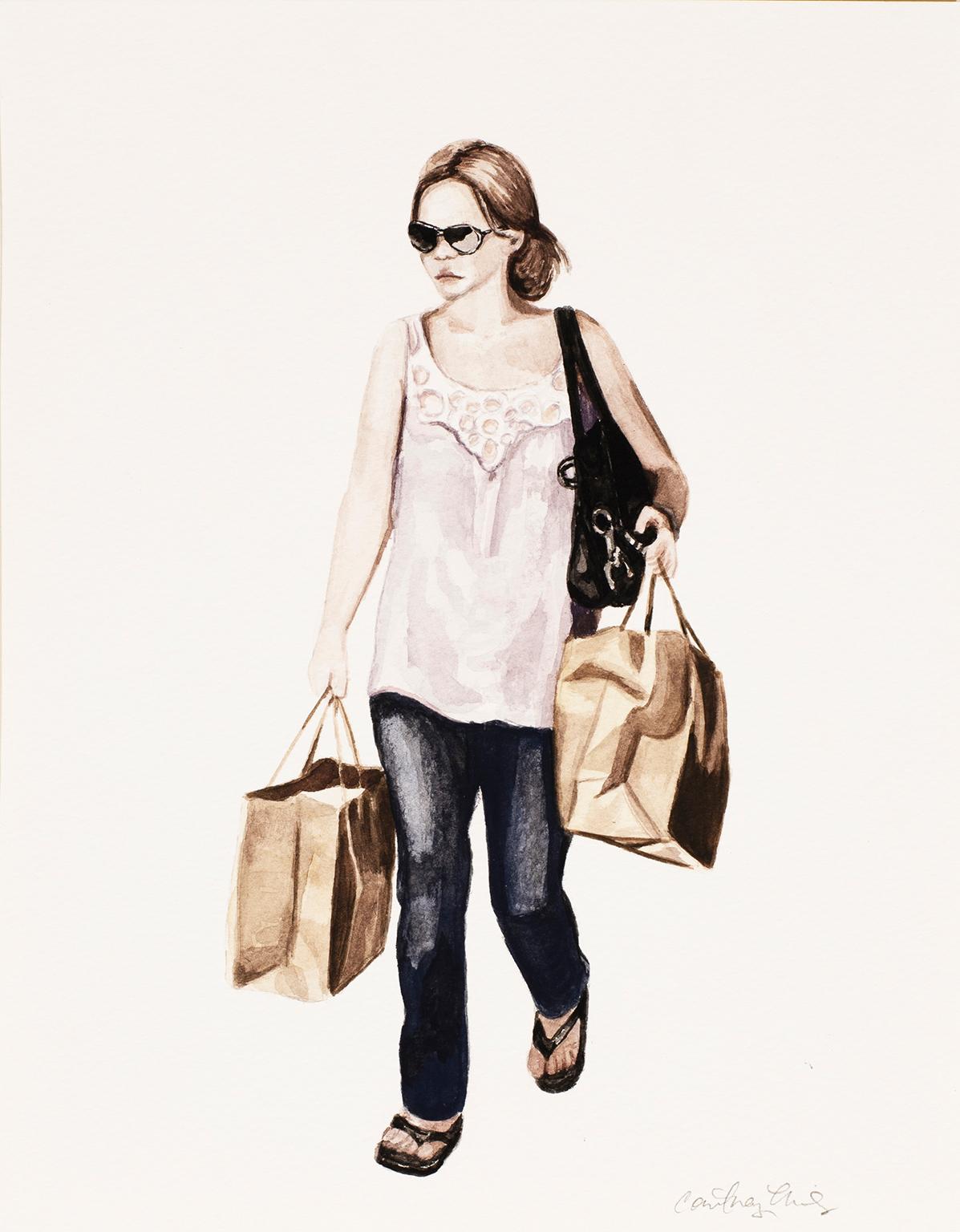 Courtney Miles Figurative Art - Courtney Incognito 027, Realist fashion painting white top and jeans on paper 
