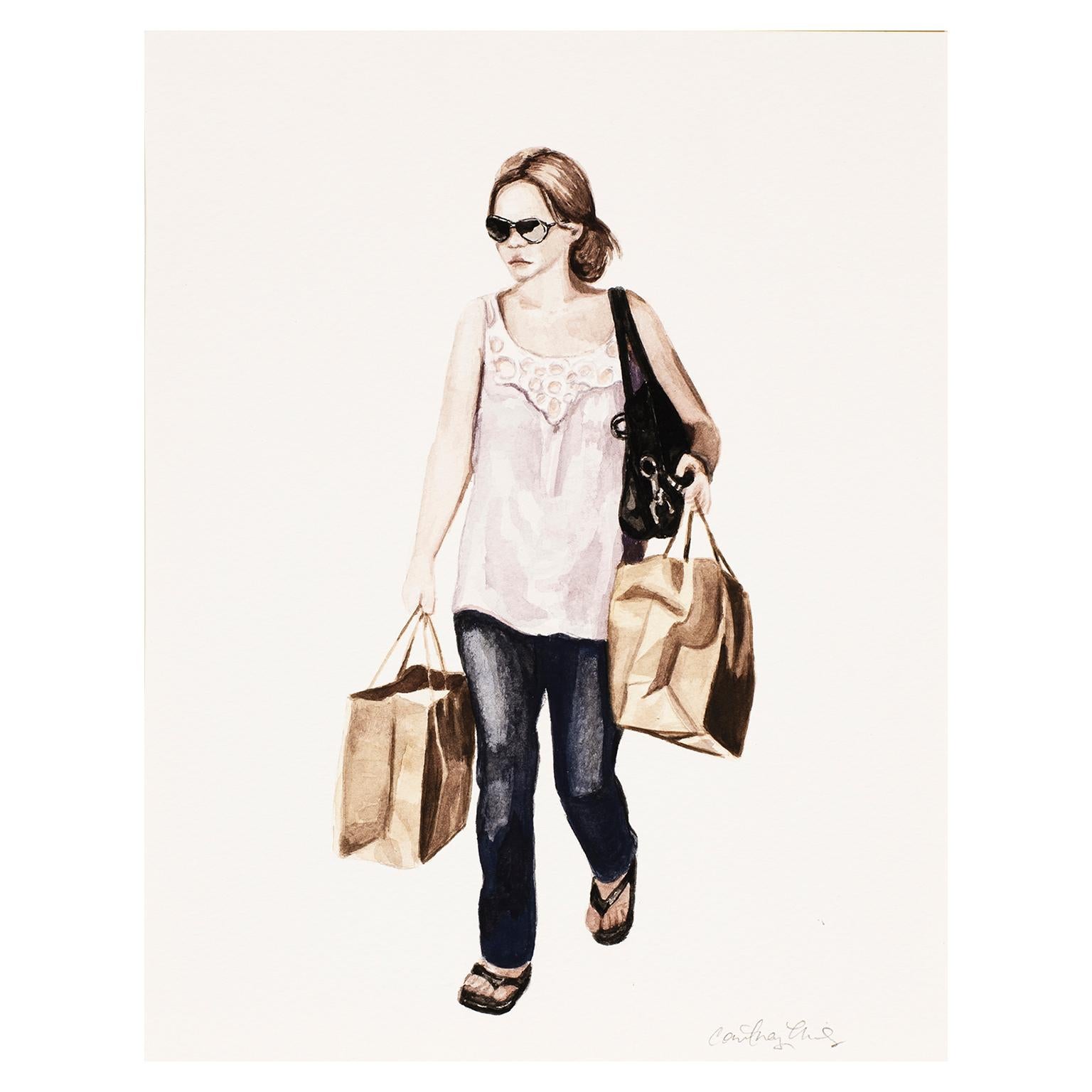 Courtney Incognito 027, Realist fashion painting white top and jeans on paper  - Art by Courtney Miles
