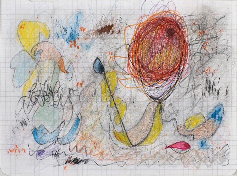 Dancing Objects on Grid by Bang Dang
6.75 x 9.25 in
Color pencils, ink, pastel and graphite on graph paper

Bang Dang's work is a form of meditation apart from his work as an architect. It features intricate line work offset by vibrant bursts of