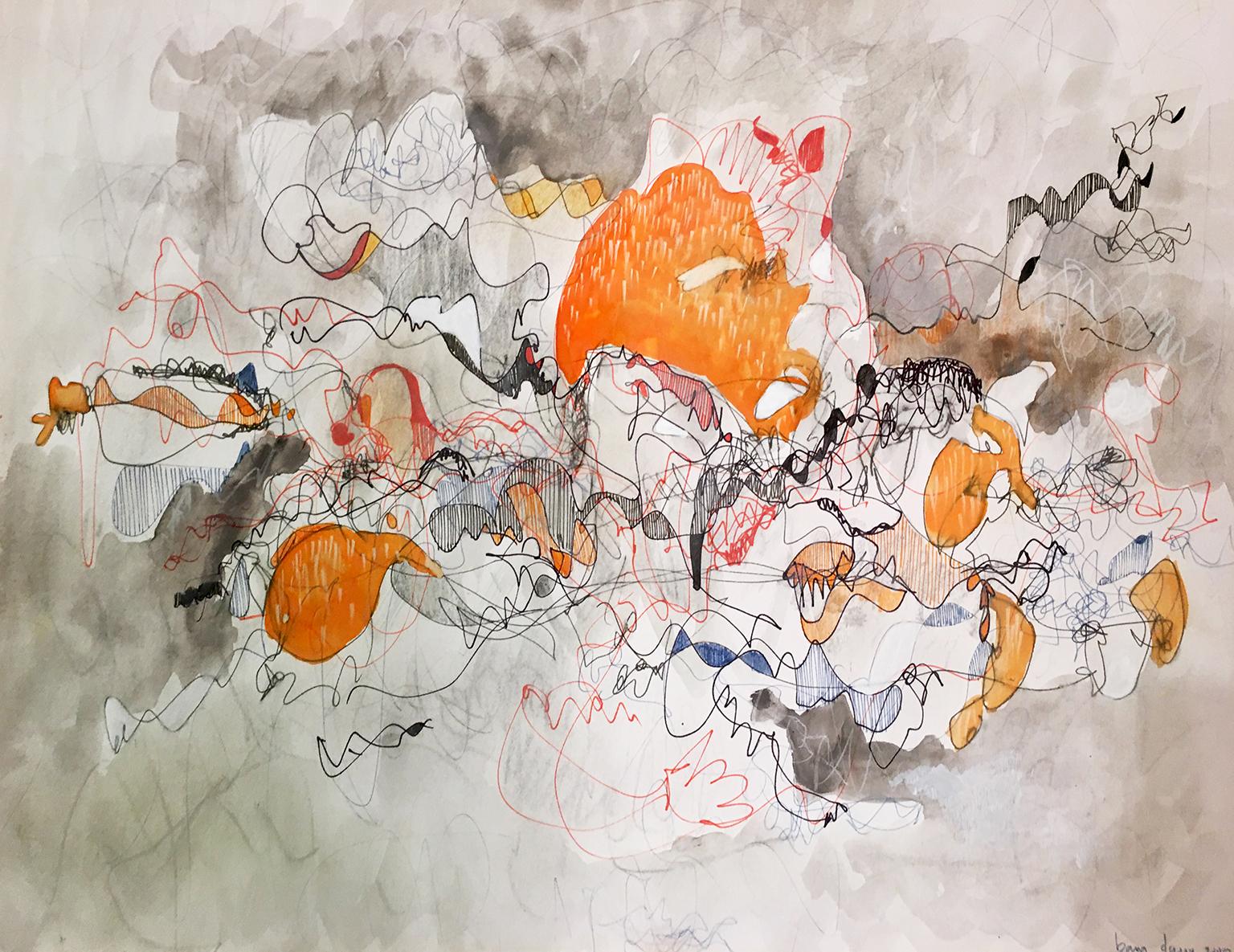 Orange Tainted 01 by Bang Dang
11 x 14 in 
Watercolor, graphite, ink, charcoal, color pencil and gesso on paper

Bang Dang's work is a form of meditation apart from his work as an architect. It features intricate line work offset by vibrant bursts