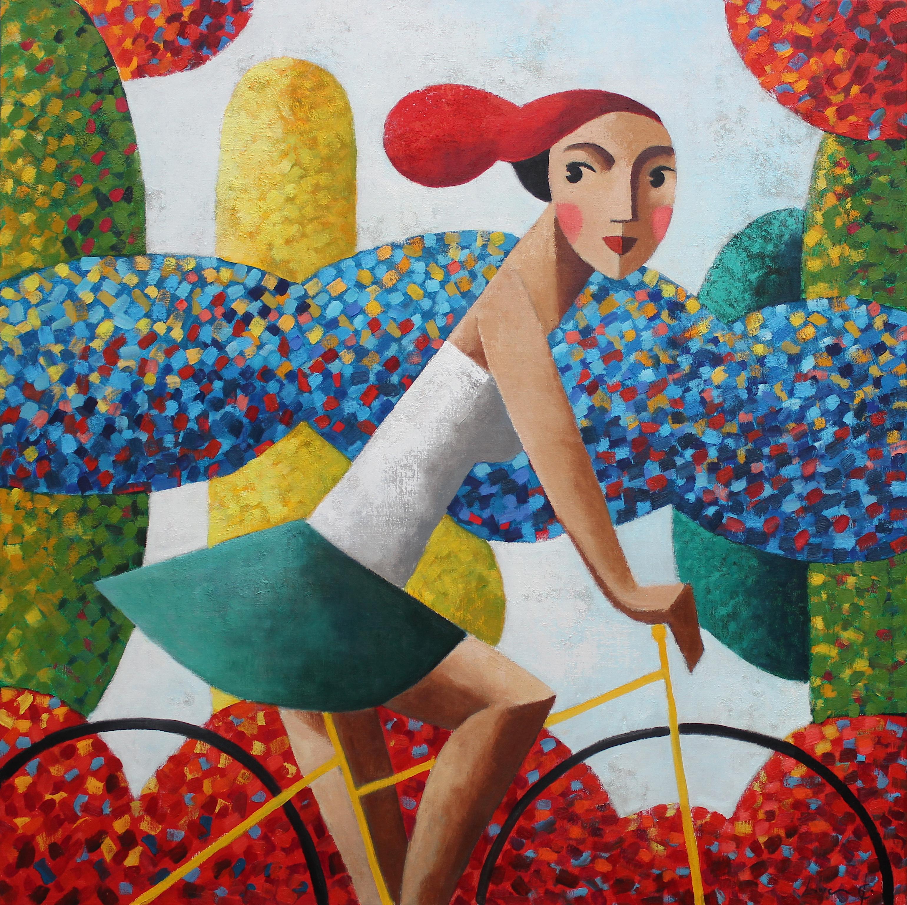 Figurative Painting Didier Lourenço - Biker Blue:: peinture à l'huile originale de l'artiste espagnol Didier Loureno