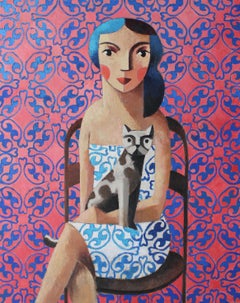 Femme et chat:: peinture à l'huile originale de l'artiste espagnol Didier Loureno