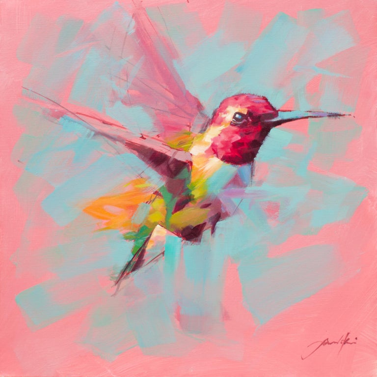 Jamel Akib Humming Bird Pink Oil Painting By English Artist