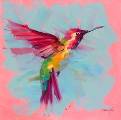 Humming Bird n°3 rose - peinture à l'huile de  L'artiste anglais Jamel Akib