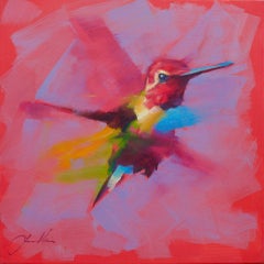 Petit oiseau colibri- Rose - Peinture à l'huile de l'artiste anglais Jamel Akib