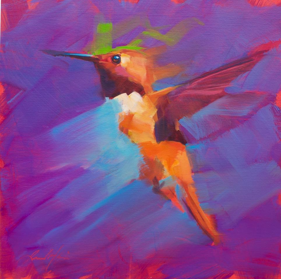 Small Humming Bird- Purple - Oil painting by  English Artist Jamel Akib