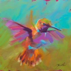 Small Humming Bird in Flight - Oil painting by  English Artist Jamel Akib