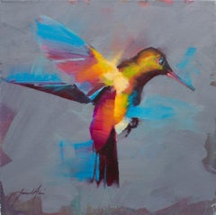 Oiseau bleu de l'Est - Peinture à l'huile de l'artiste anglais Jamel Akib