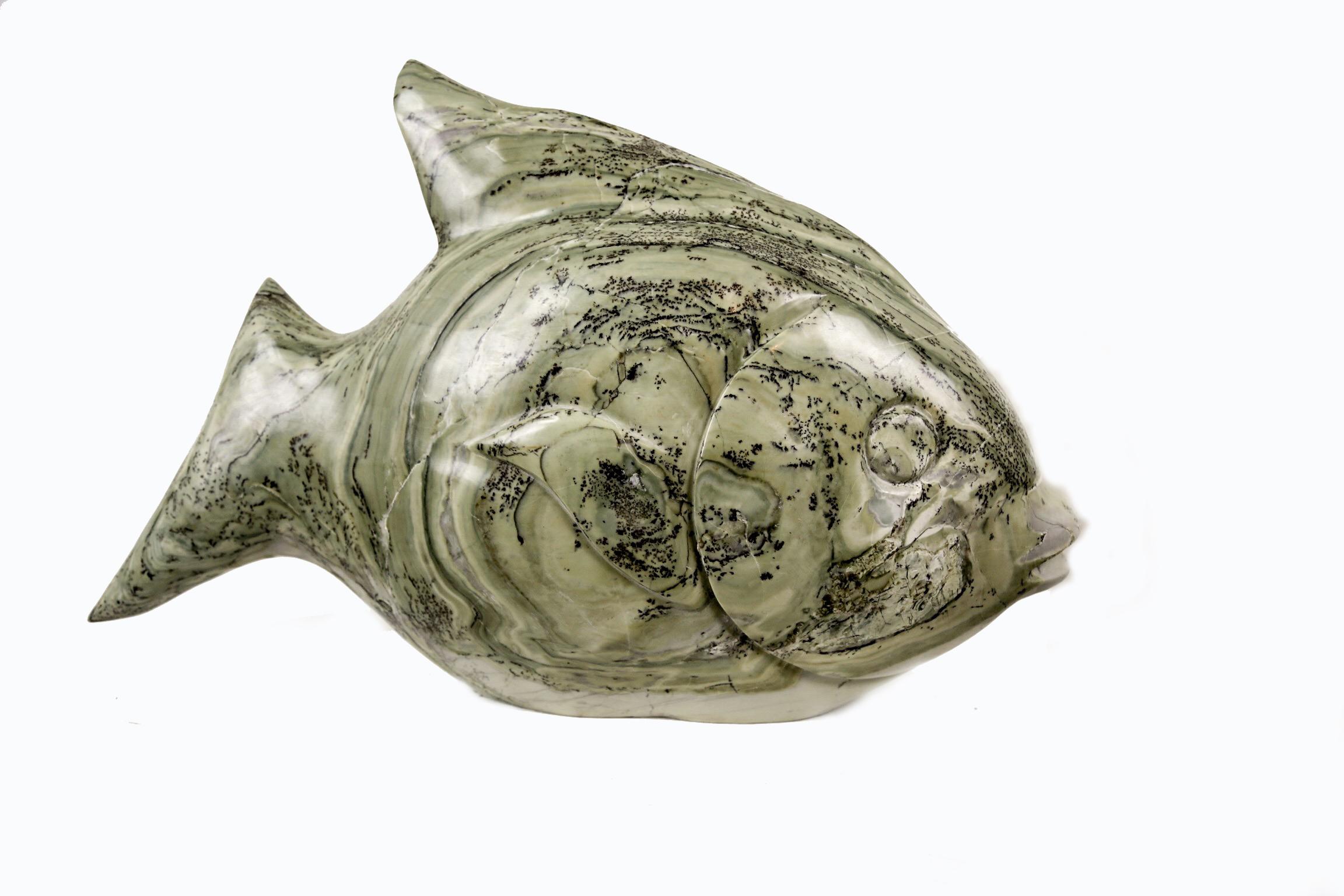 SHAMVA Figurative Sculpture - Fish. Stone Sculpture. Butterjade Stone. Polished.  Green /Teal fossils embedded