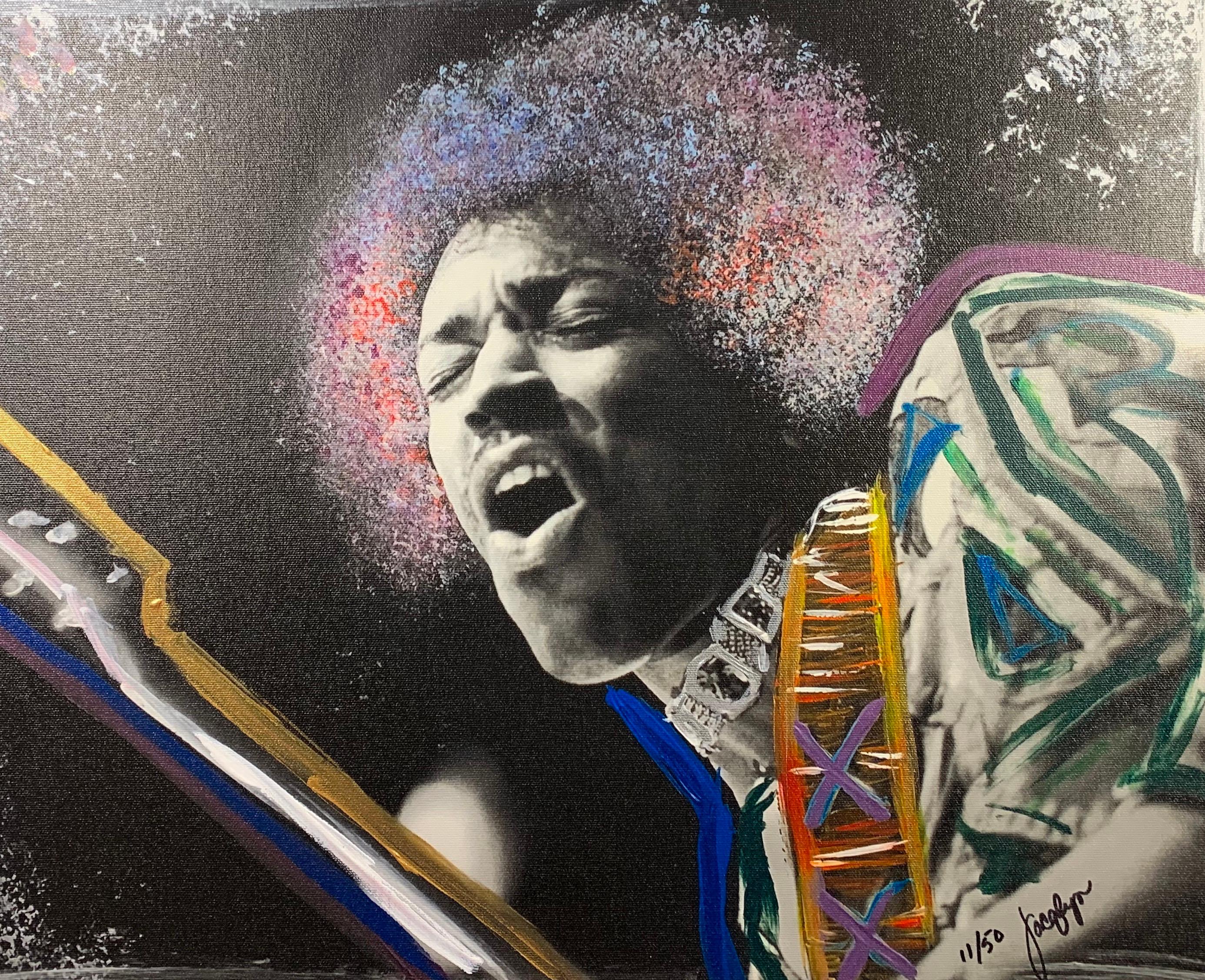 "Jammin" featuring Jimi Hendrix is an original hand embellished limited edition fine art print on satin canvas by Los Angeles based artist Jacqlyn Burnett.  The print measures approximately 17"x22" and is signed on the front and back and numbered