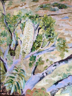  White Echium Contemporary Oil  Laguna California Landscape, Ochre, Green 