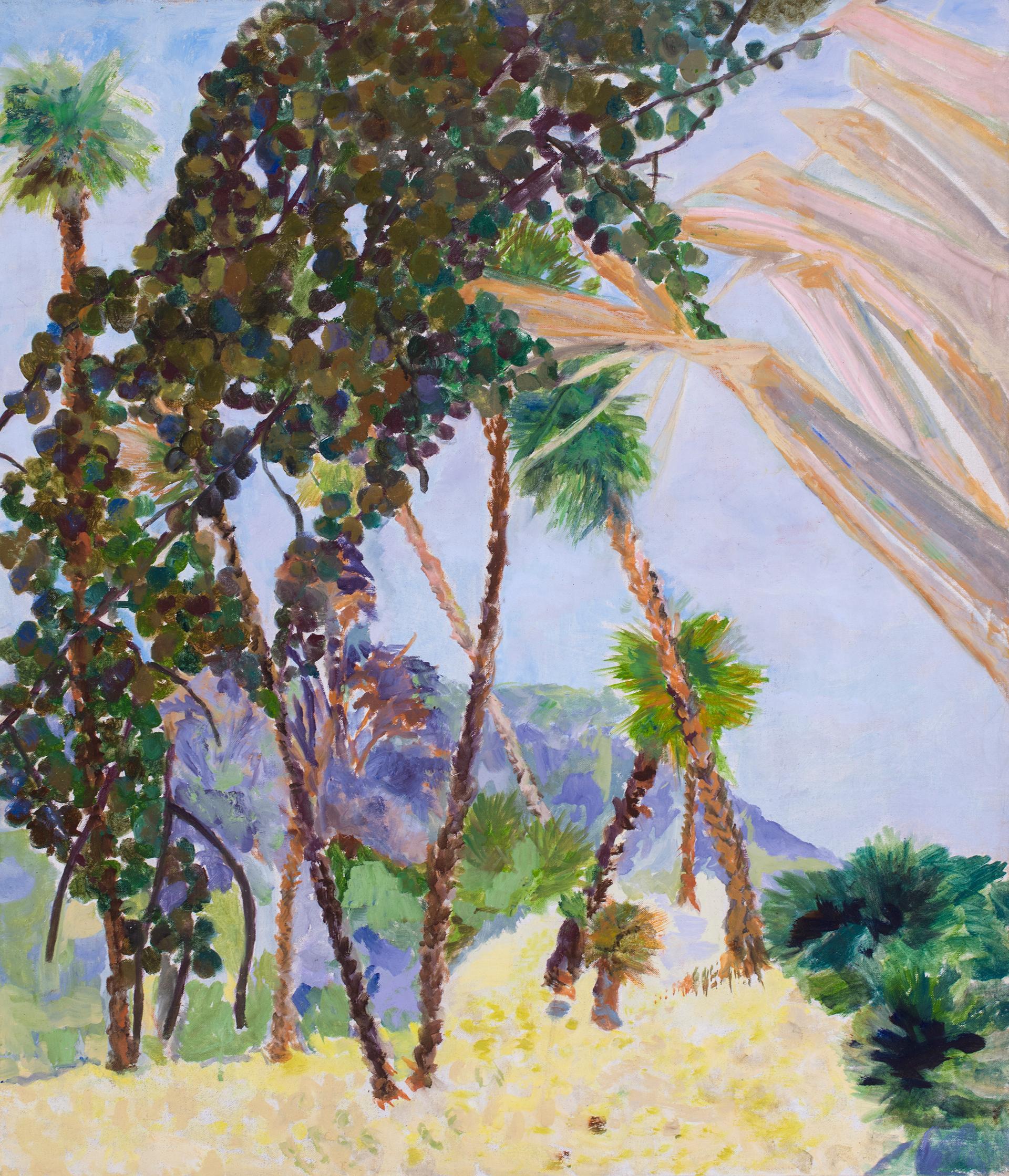 
Contemporary Oil Desert Blue Palm Fruit and Violet Hills - Landscape Painting
This painting painted on site at the Wirikuta Garden in San José del Cabo in Mexico focused on the strong olive and deep purple colored fruits that fall in huge
