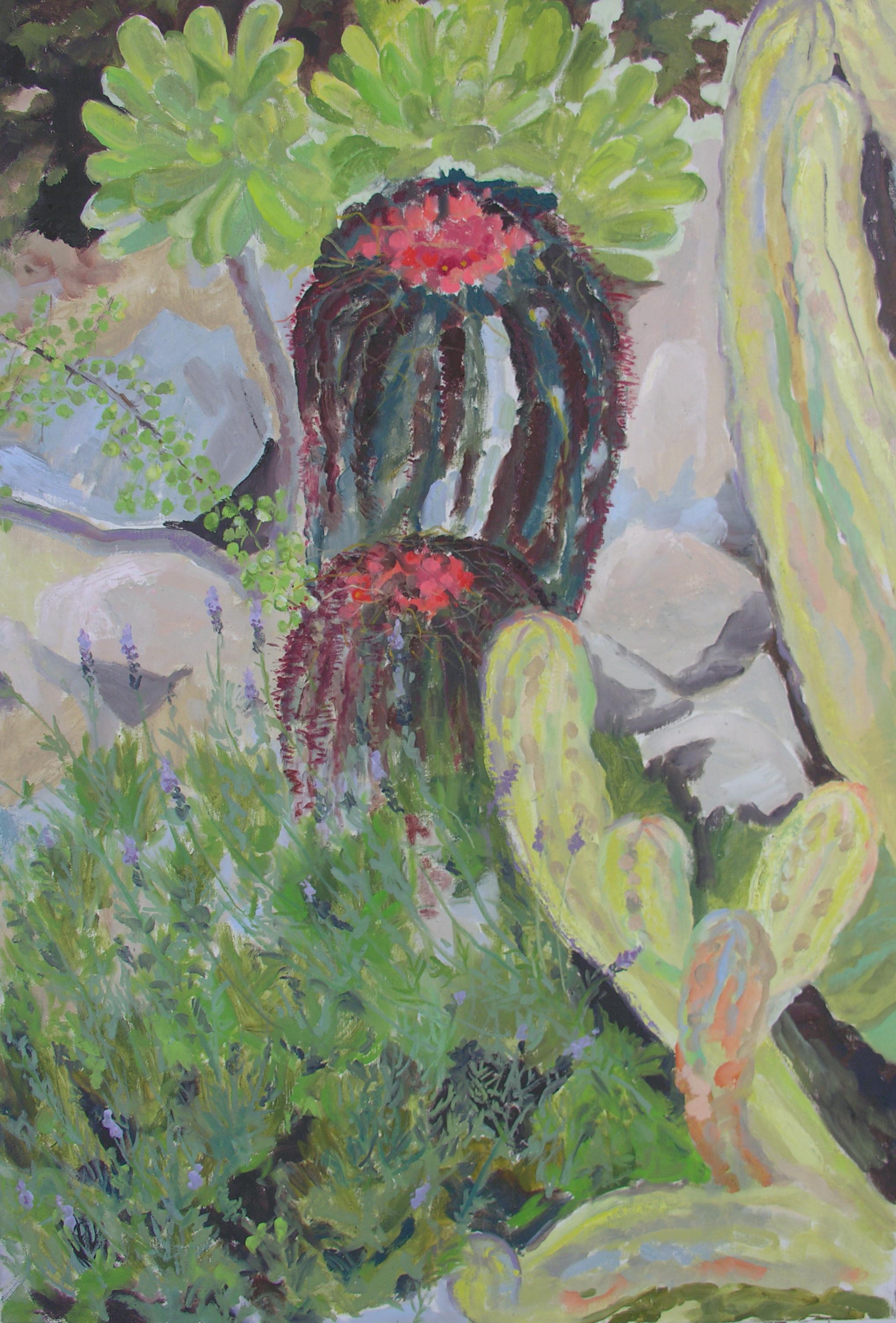   Contemporary Oil Plant/Cactus painting green, violet, yellow Mediterranean

This painting was done on site at the Hanbury Gardens, Italy just over the border from France on the Mediterranean.  I was in residency there for 2.5 months during the