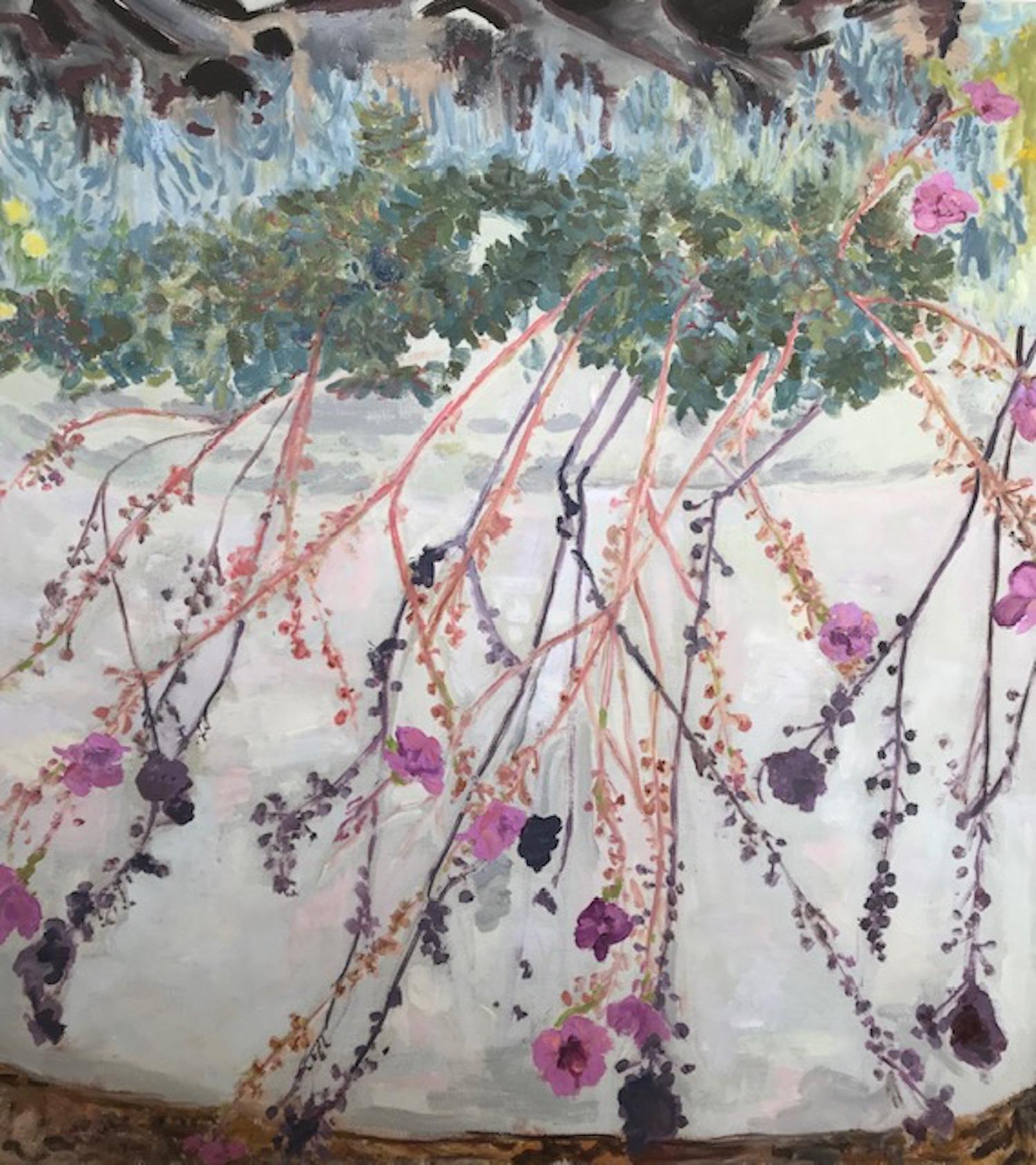 Gianne de Genevraye Abstract Painting - white and violet 21st Century impressionist Oil: Succulents Floral and Palm Base