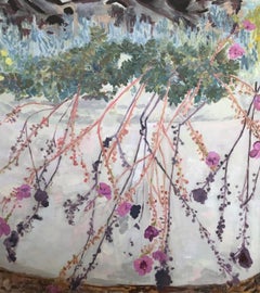 white and violet 21st Century impressionist Oil: Succulents Floral and Palm Base