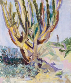 Contemporary Desert Landscape Cactus Oil painting sage, yellow light blue