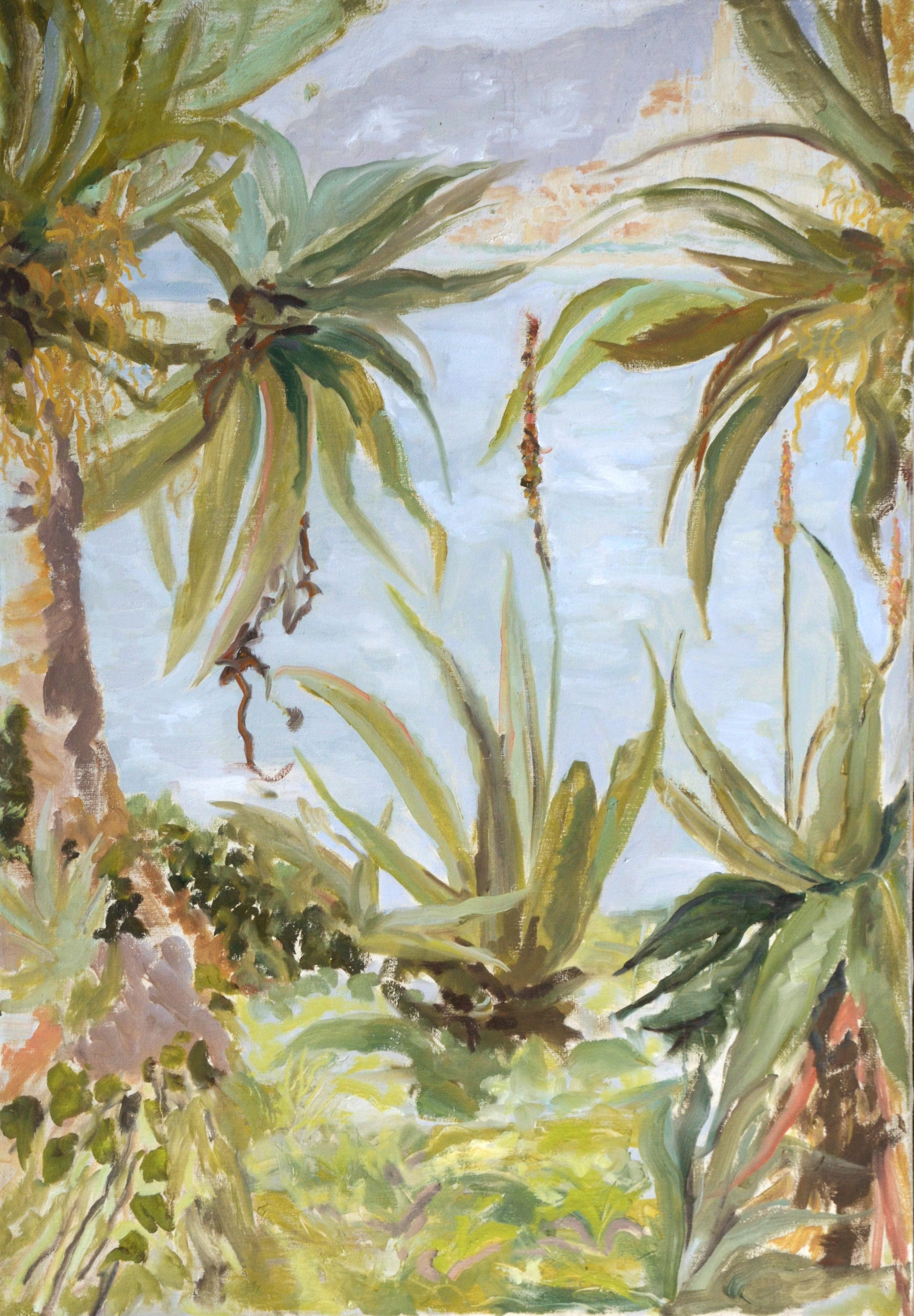 Contemporary Landscape Mediterranean Green & Coral Aloes and the City of Menton

This piece was painted at the Maria Serena Garden, which is on the border between France and Italy, on the French side, overlooking the Mediterranean.  Charles Garnier,