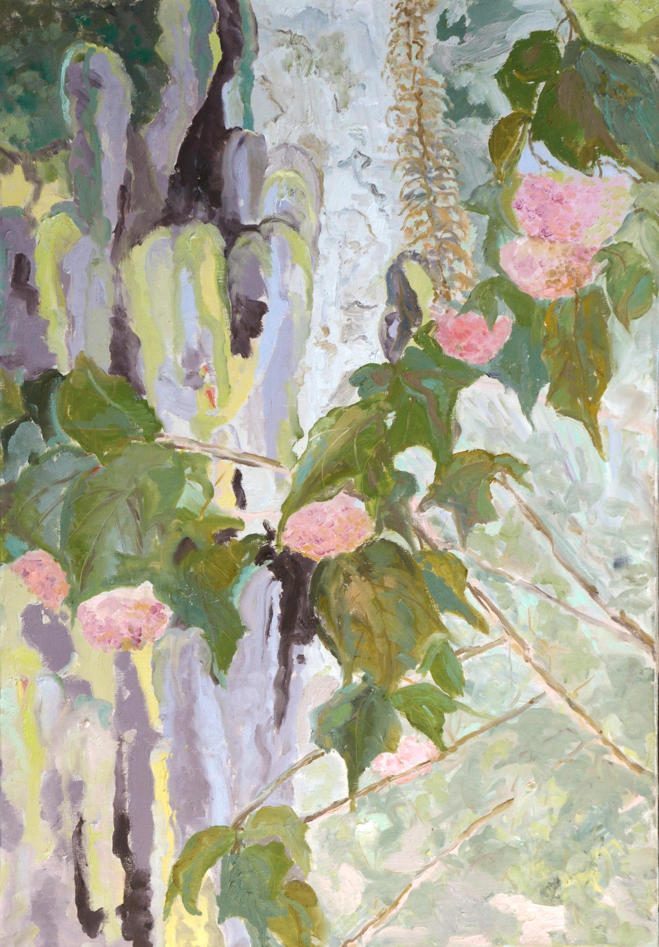Gianne de Genevraye Abstract Painting - Pink Donbeya & Cactus  Contemporary Nature Mediterranean Landscape Oil : Violet