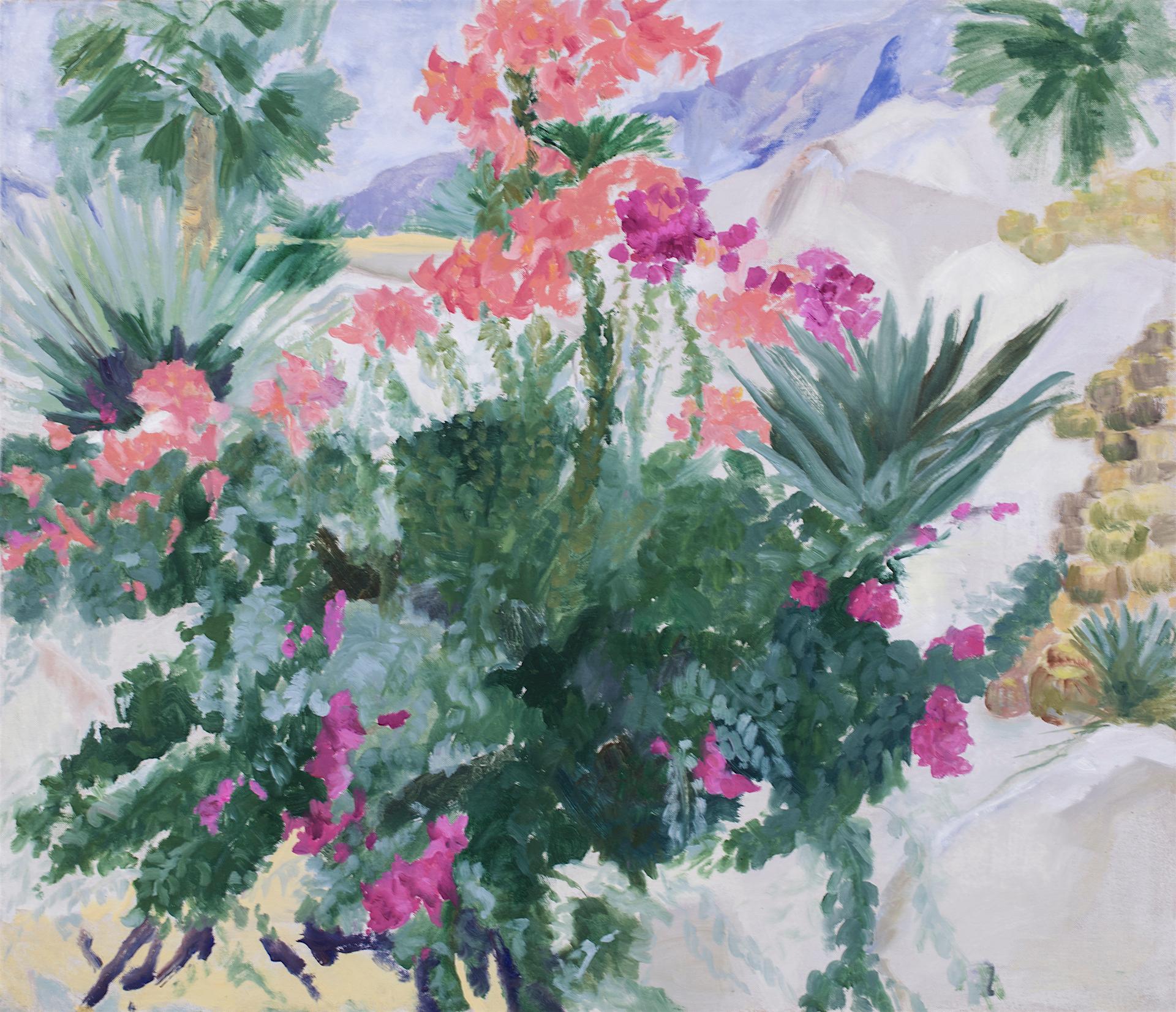 Contemporary Oil Mexican Landscape and  Pink Bougainvillea and Green Agave

This was the last painting that I did in the San José del Cabo residence. I was set up in the Wirikuta Garden on a clear, warm day with hot wind made the colors bright.  The