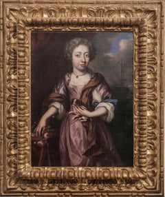 Antique Portait of young Lady with her pup and roses, oil Painting